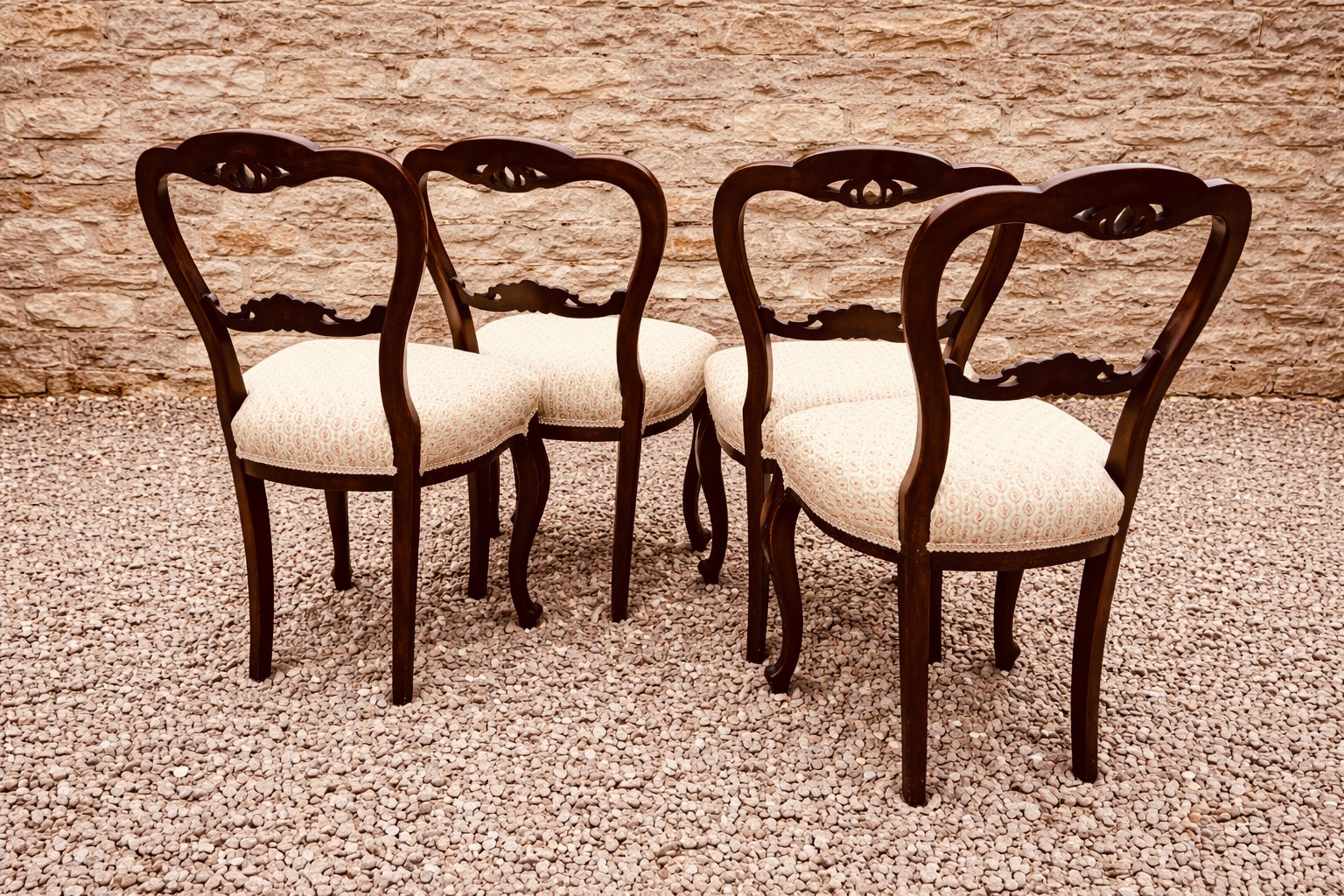 Set of 4 Vintage French Style Dining Chairs, Cabriole Leg Walnut Chairs, Louis XV Influence (1930s)