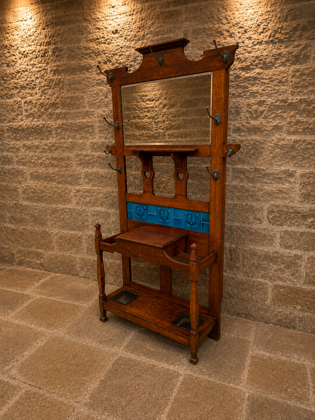 Antique Arts & Crafts Oak Hall Stand with Art Nouveau Tiles & Mirror – c.1900
