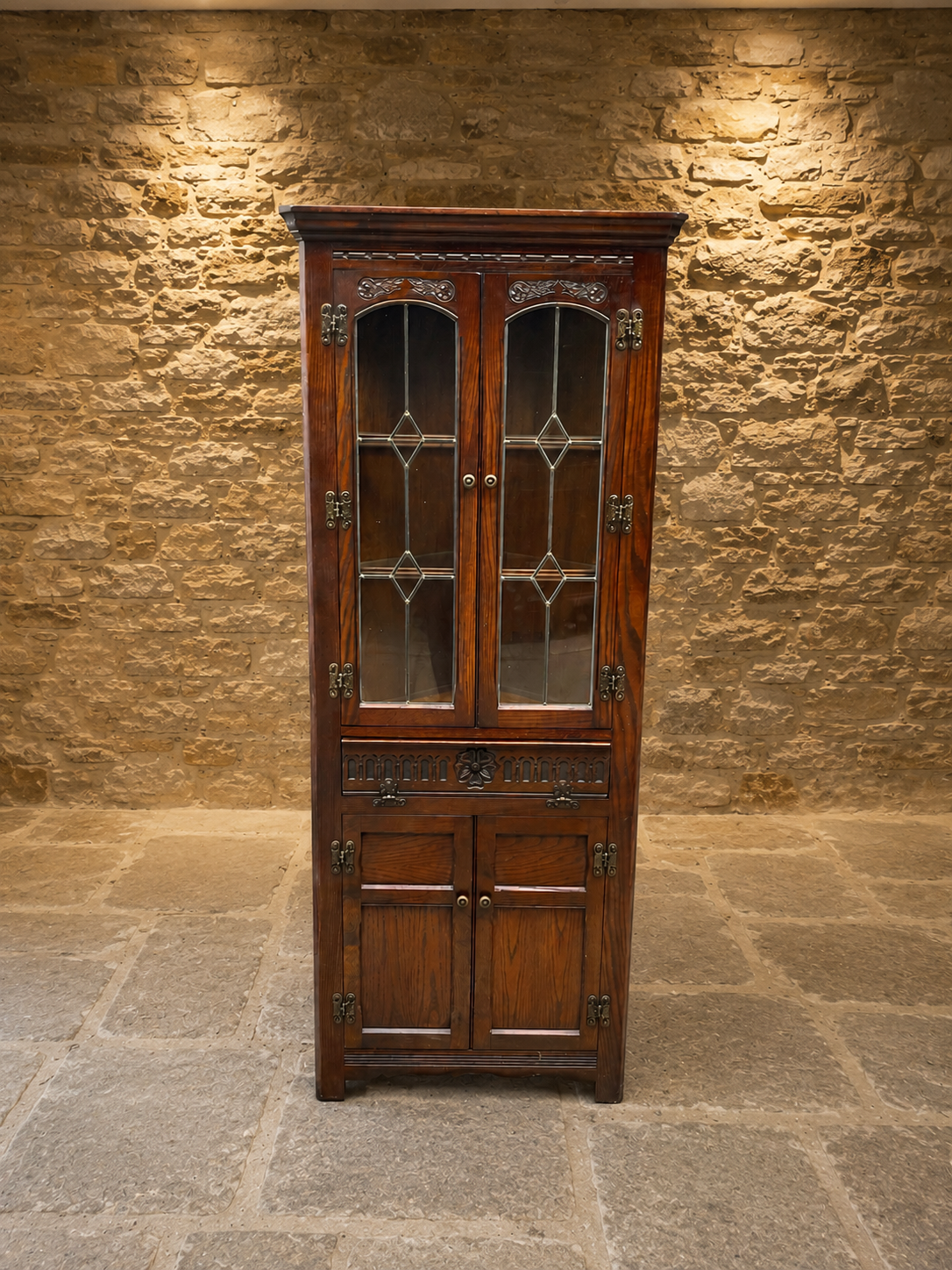 Vintage Oak Corner Display Cabinet with Leaded Glass Doors