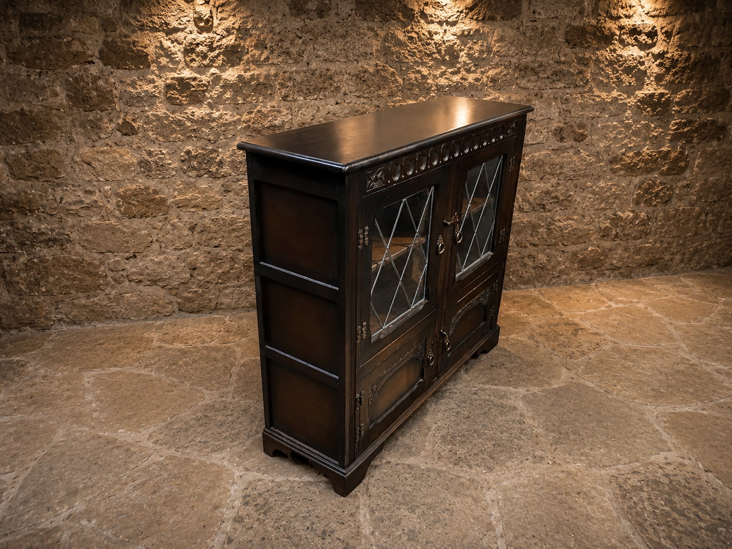 Vintage Jacobean Revival Oak Leaded Glass Sideboard | English Court Cupboard | Antique Display Cabinet | Drinks Cabinet
