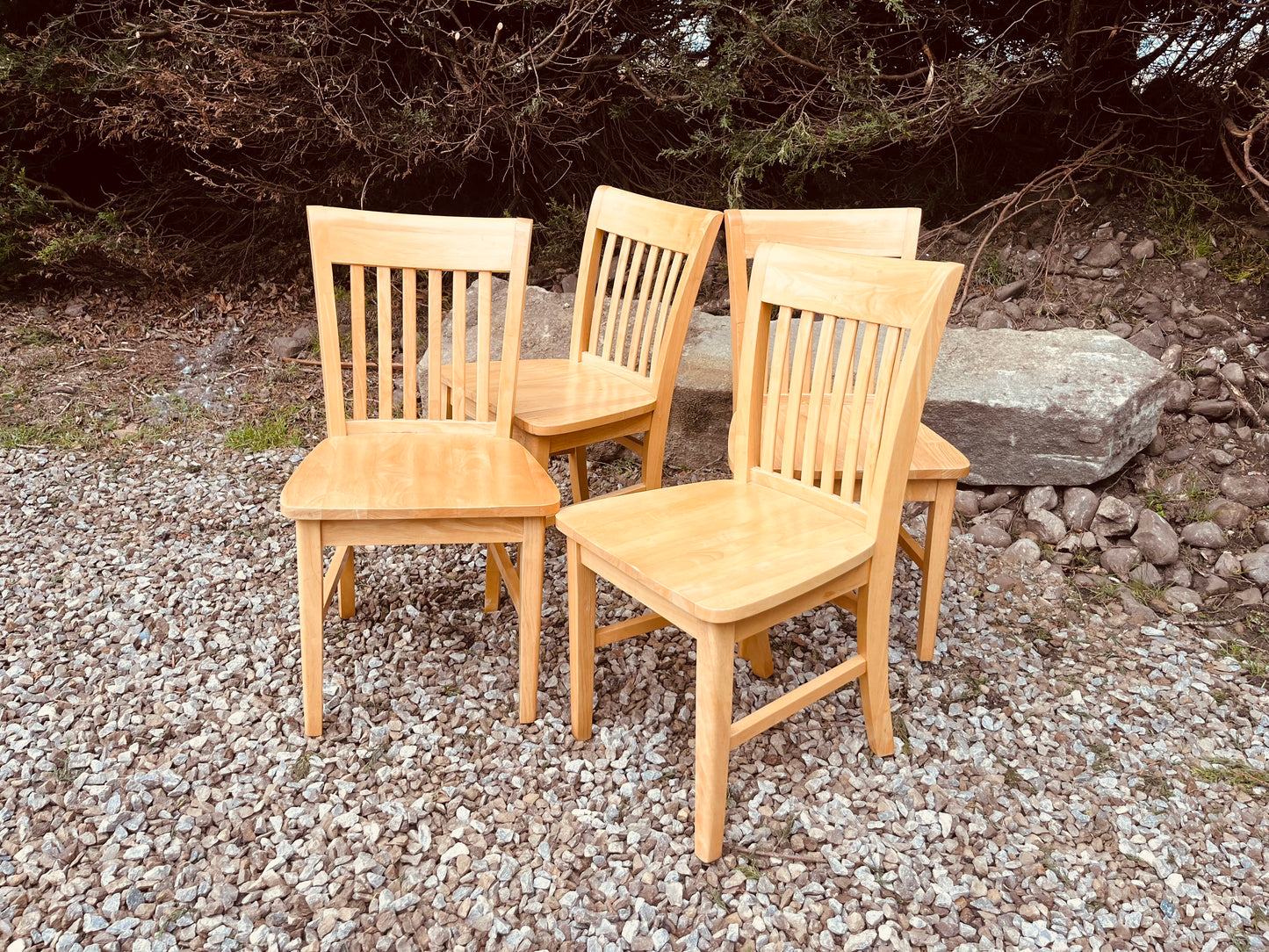 Set of Four Solid Wood Farmhouse Dining Chairs – Natural Wood Slat Back Kitchen Chairs