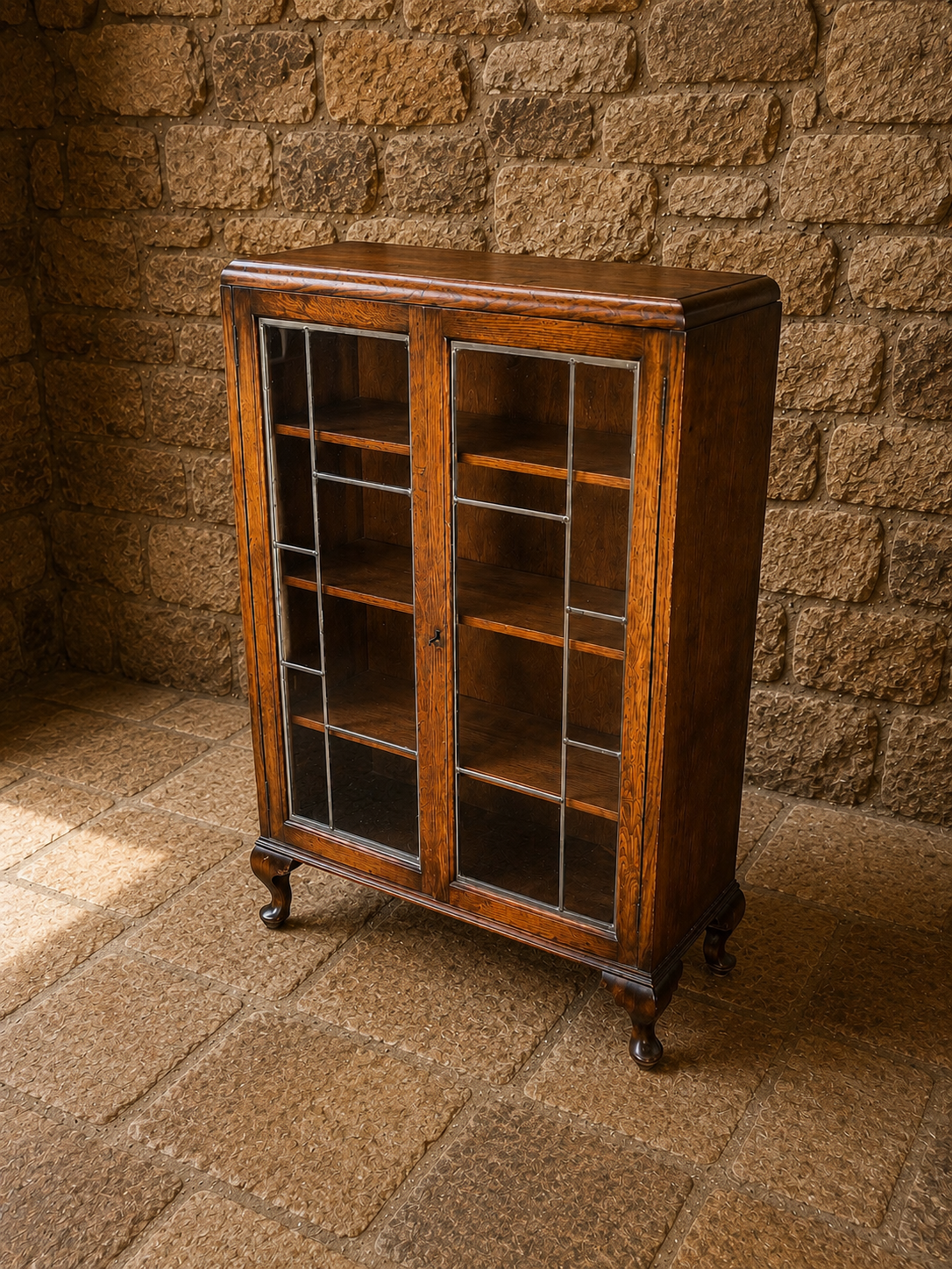 Antique Edwardian Oak Leaded Glass Bookcase c1900