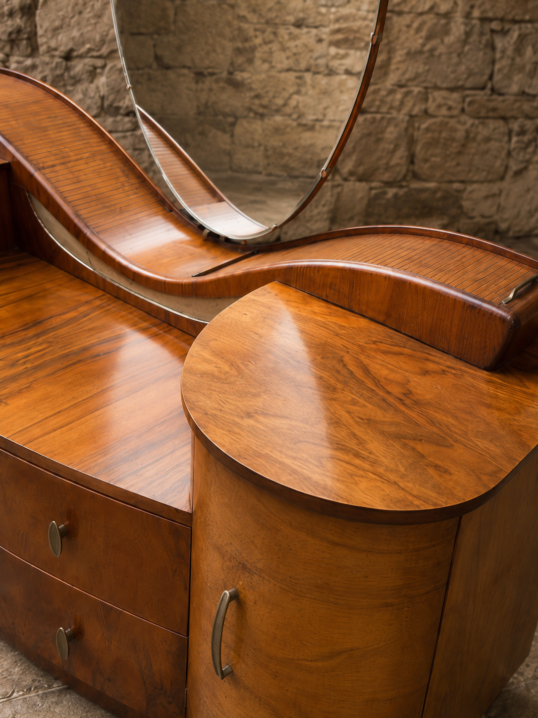 Art Deco Walnut Dressing Table | Vintage Burr Walnut Vanity Unit | 1930s Waterfall Vanity Table | Oval Mirror Dressing Table