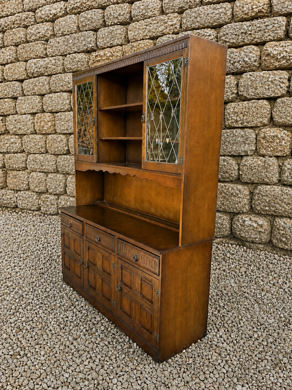 Large Vintage Oak Dresser Cabinet – Jacobean Revival Leaded Glass Display Sideboard (c.1930s–40s)