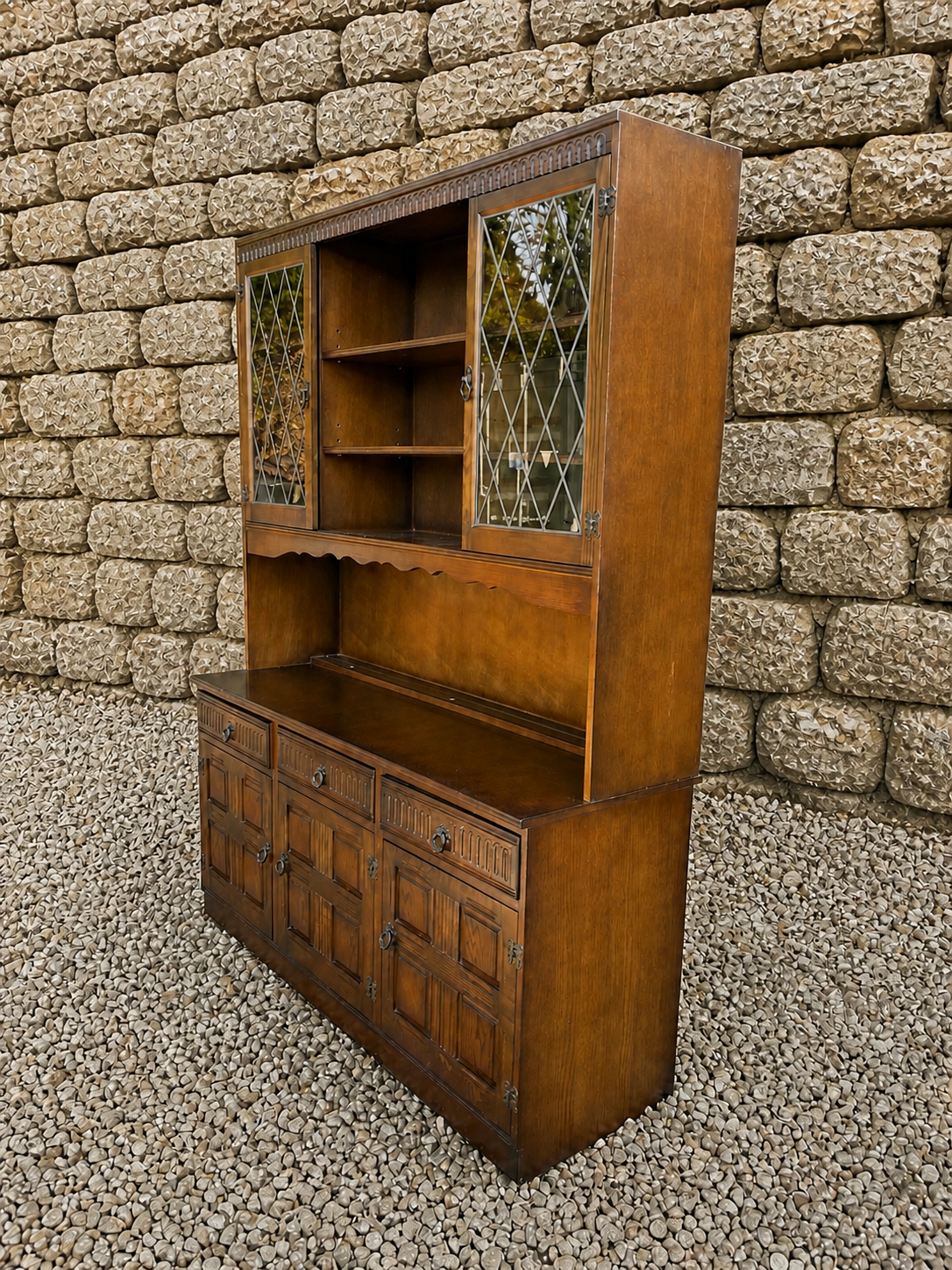 Large Vintage Oak Dresser Cabinet – Jacobean Revival Leaded Glass Display Sideboard (c.1930s–40s)