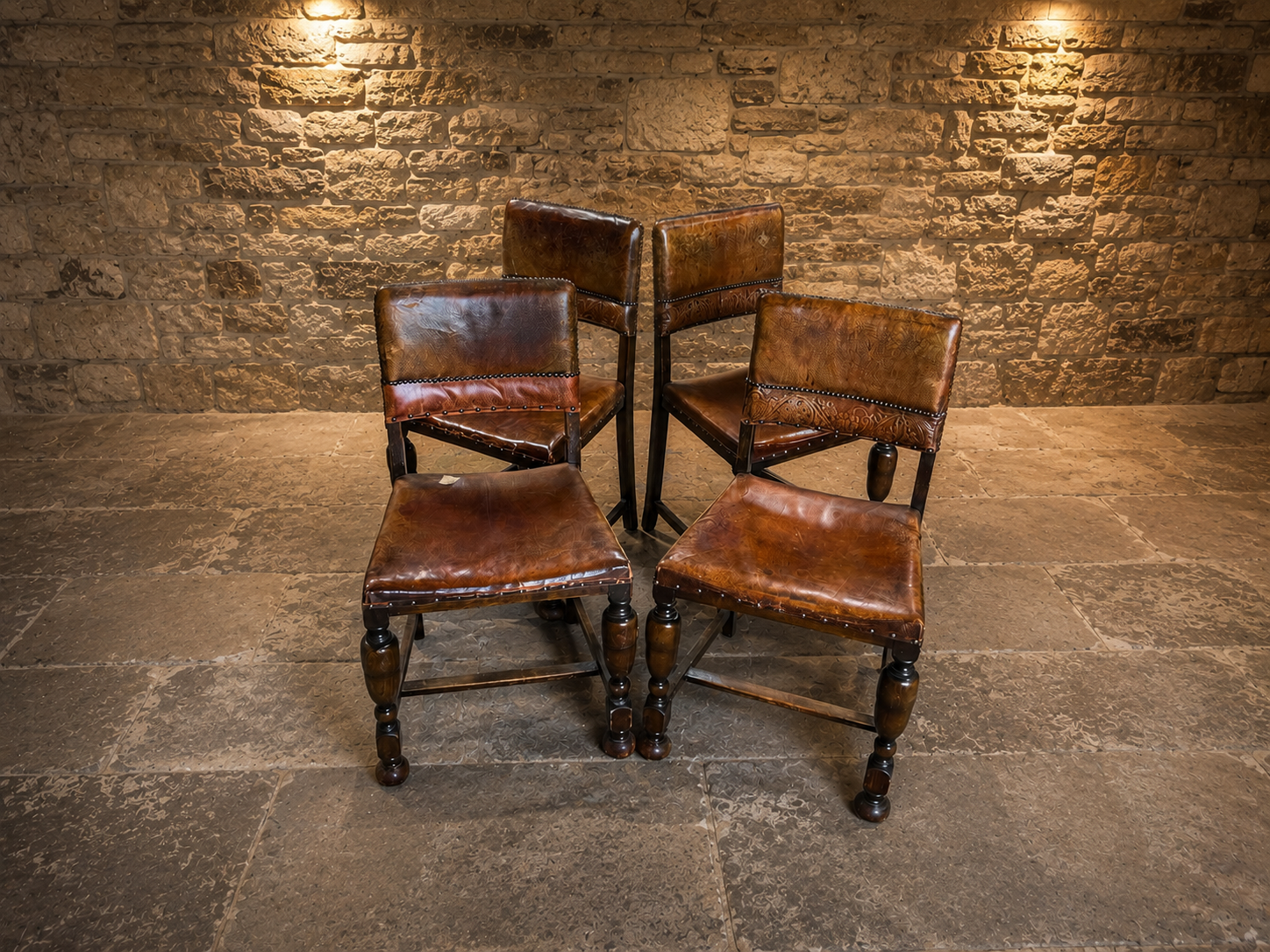 Antique Set of Four Embossed Leather & Oak Dining Chairs | Tudor Revival | Circa 1920s