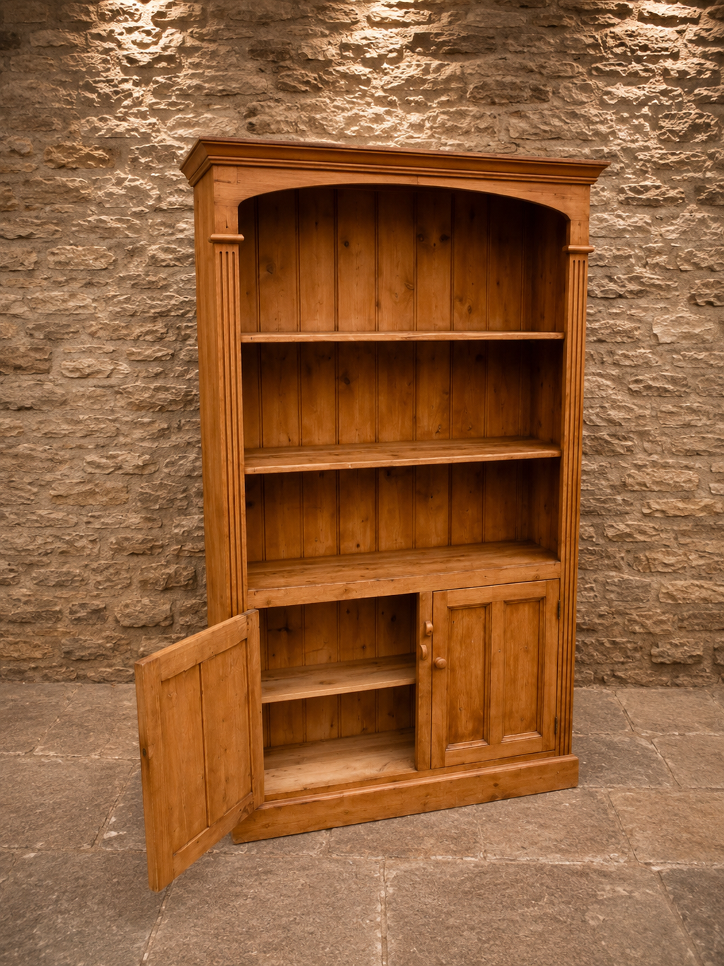 Vintage Solid Pine Farmhouse Bookcase | Rustic Country Display Cabinet | English Pine Shelving Unit with Cupboard