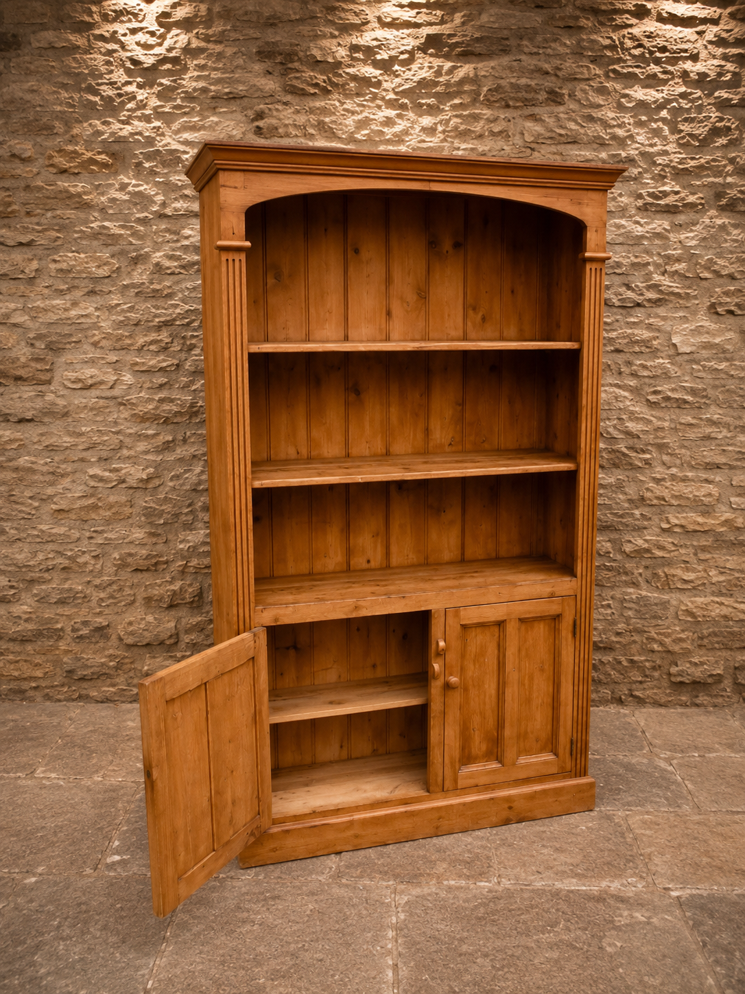 Vintage Solid Pine Farmhouse Bookcase | Rustic Country Display Cabinet | English Pine Shelving Unit with Cupboard