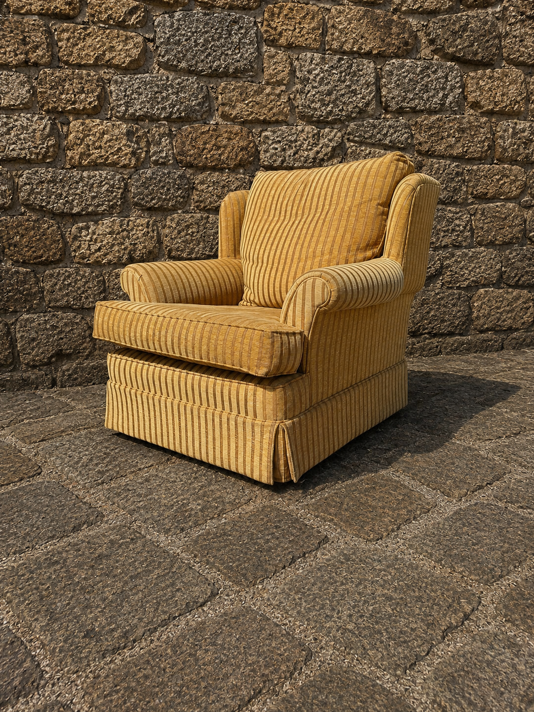 Vintage English Country House Armchair in Golden Stripe Upholstery