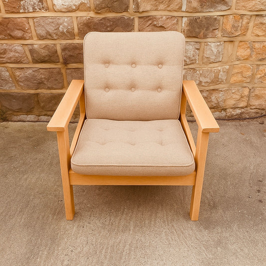 Scandi Solid Oak Armchair – Grey Upholstered Cushions