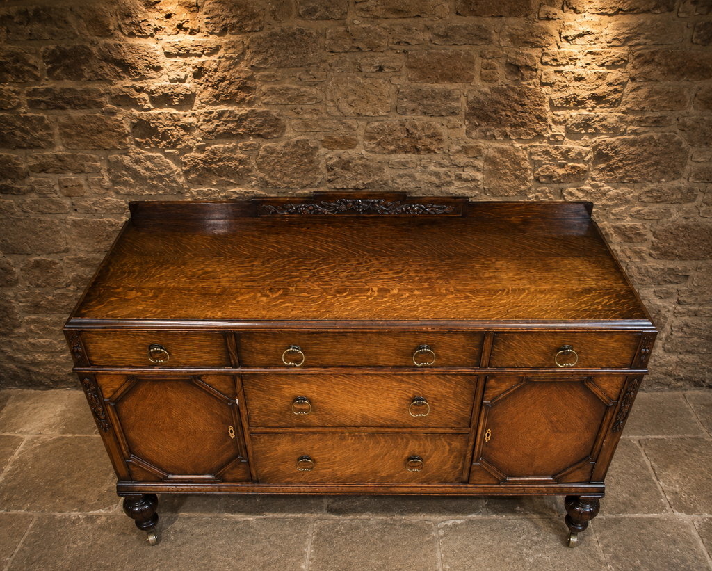 Antique English Tiger Oak Jacobean Revival Sideboard | Solid Oak Buffet | Circa 1930