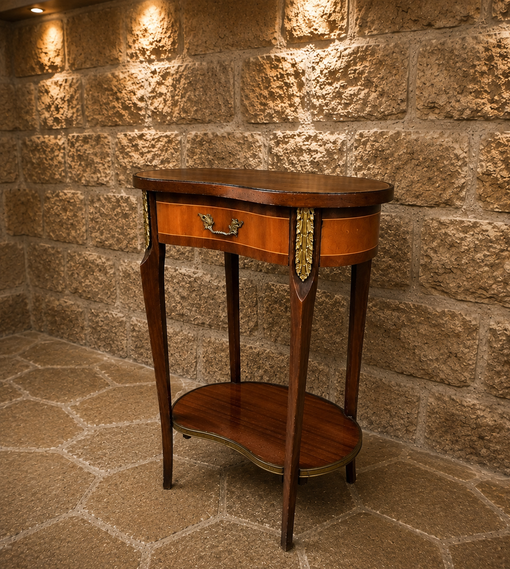 French Louis XVI Style Oval Side Table | Inlaid Lamp Table with Brass Ormolu Mounts