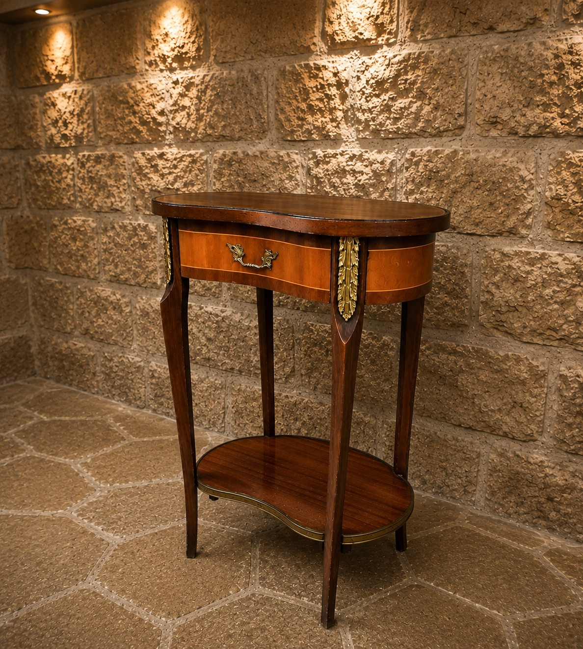 French Louis XVI Style Oval Side Table | Inlaid Lamp Table with Brass Ormolu Mounts