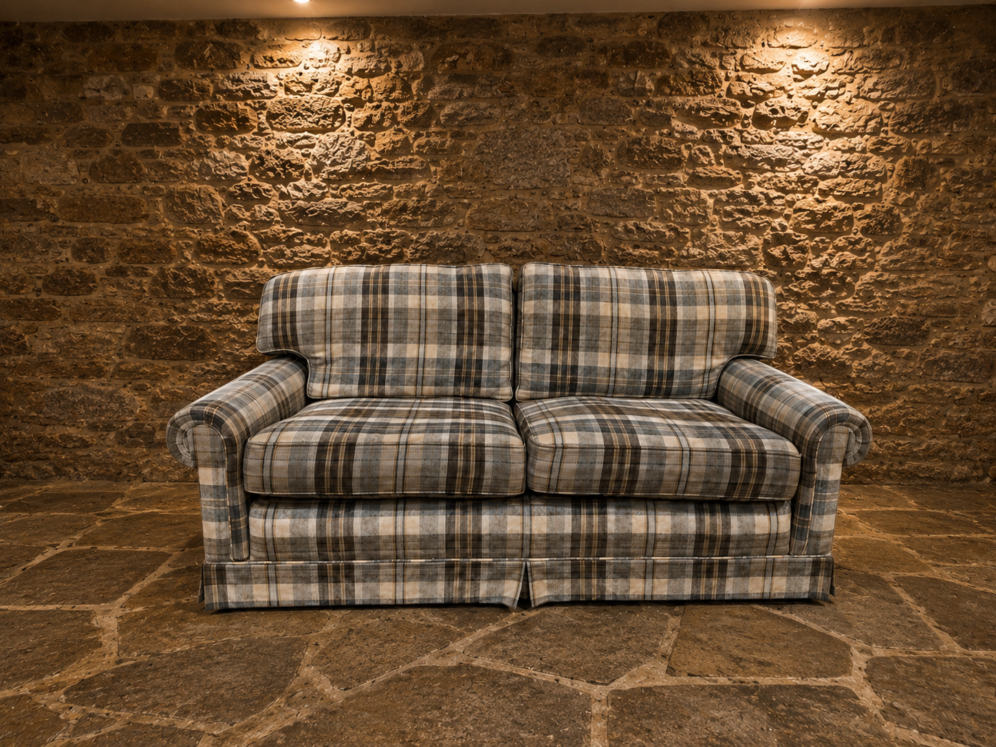 Vintage English Country House Tartan Three Seater Sofa – Traditional Roll Arm Sofa