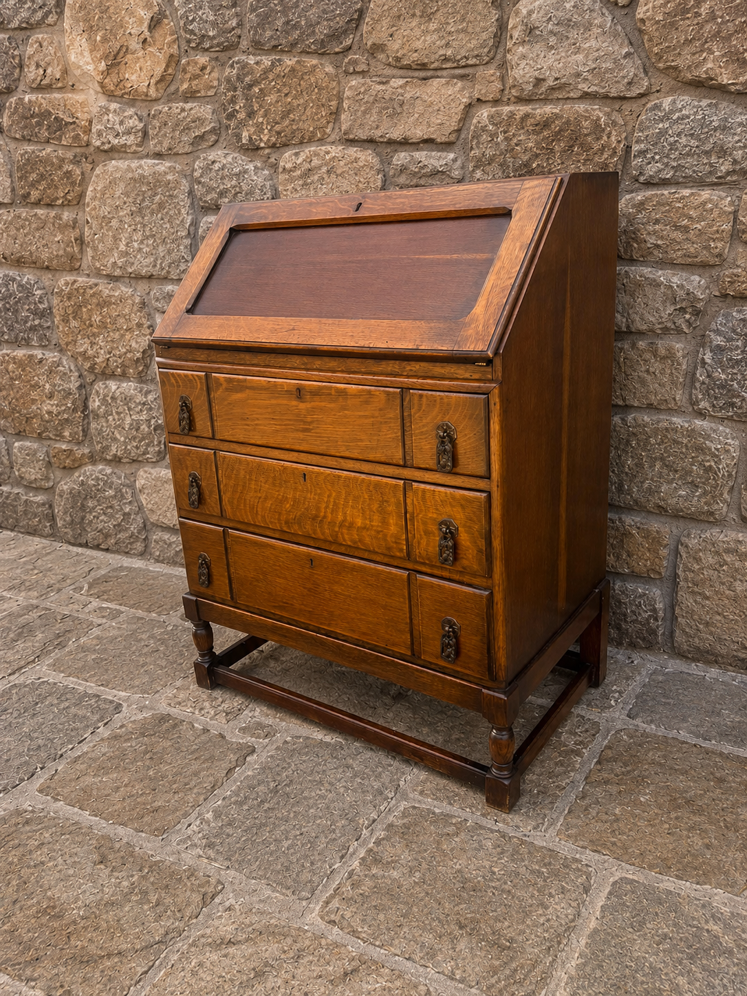 Antique Tiger Oak Bureau Desk | Victorian Fall Front Writing Bureau | Edwardian Oak Secretary Desk | Arts & Crafts Bureau