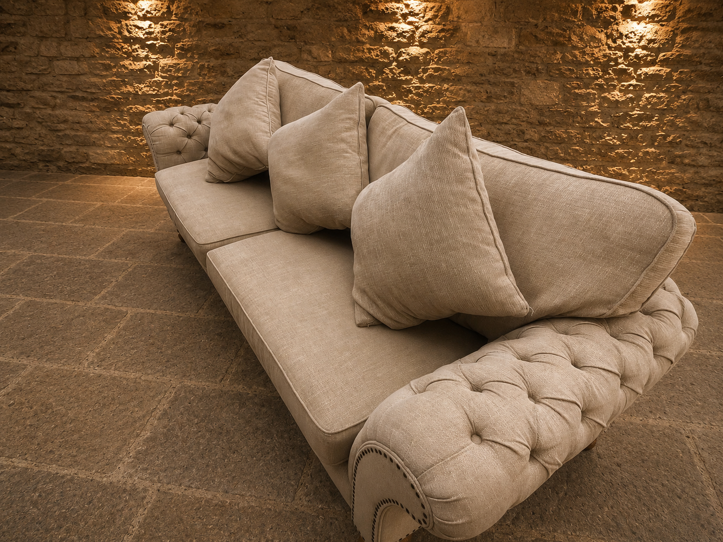 Large Chesterfield Style 3 Seater Sofa – Neutral Linen Look Upholstery & Buttoned Arms