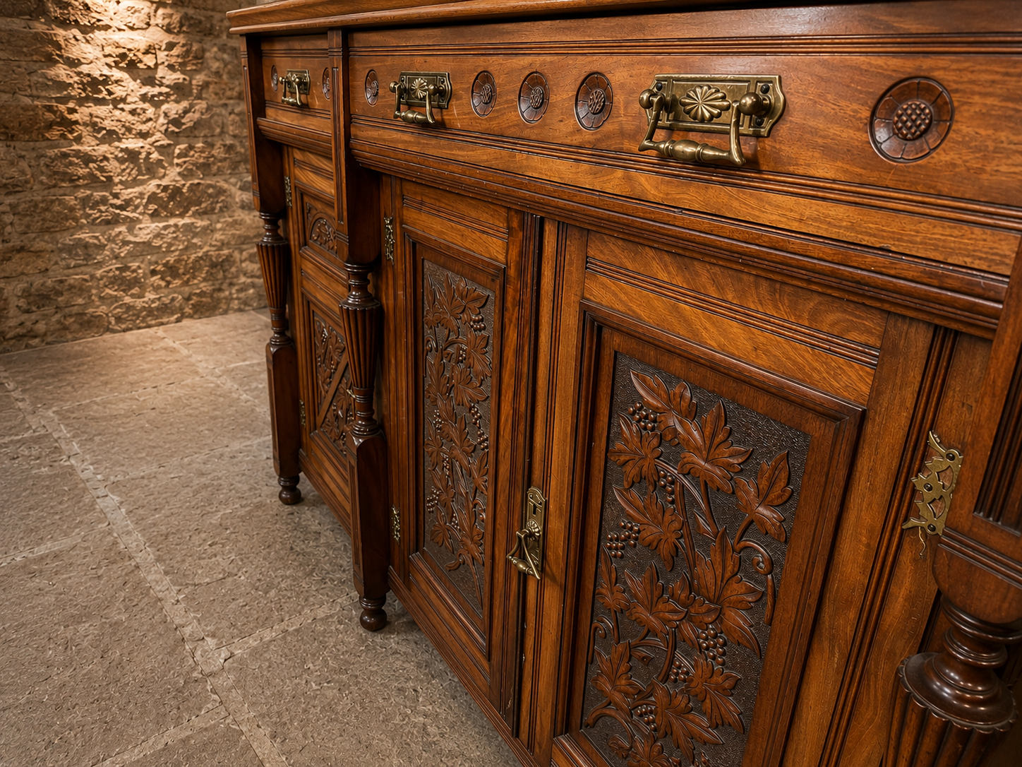 Late Victorian Carved Walnut Sideboard | Antique English Walnut Buffet Cabinet | 19th Century Country House Sideboard | Victorian Storage Cabinet