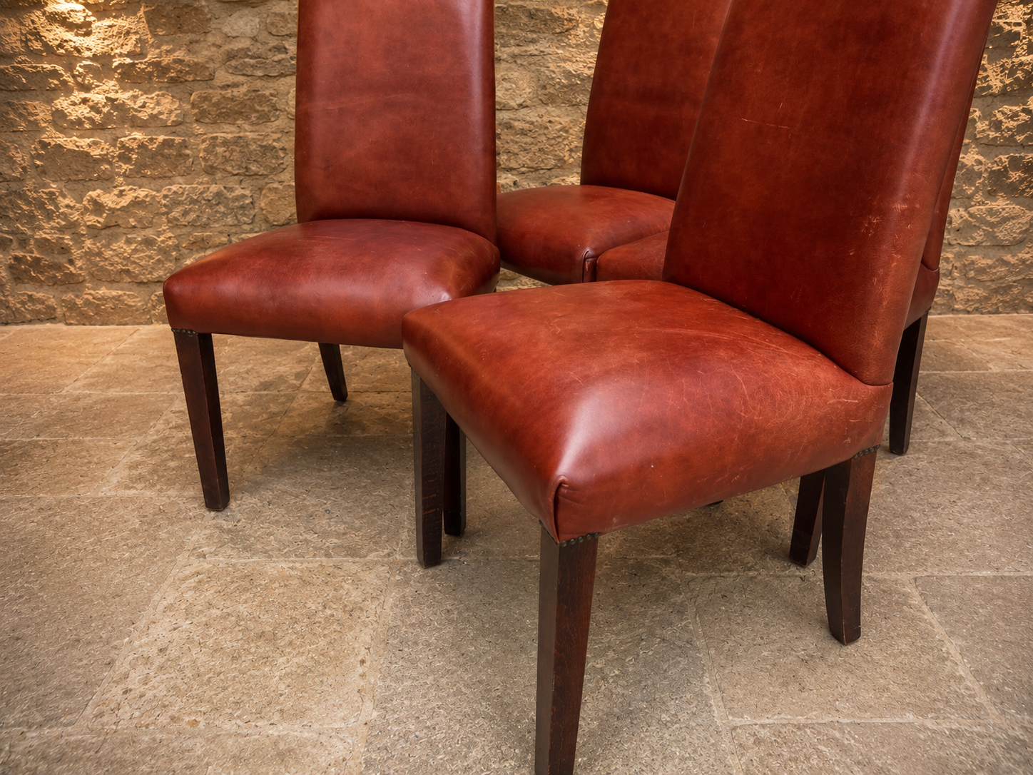 Set of 4 Vintage Oxblood Leather Dining Chairs – High Back Country House Chairs
