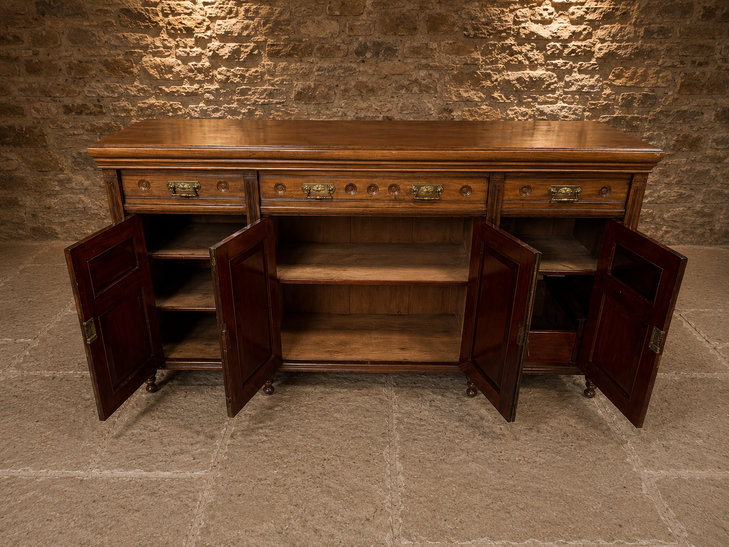 Late Victorian Carved Walnut Sideboard | Antique English Walnut Buffet Cabinet | 19th Century Country House Sideboard | Victorian Storage Cabinet