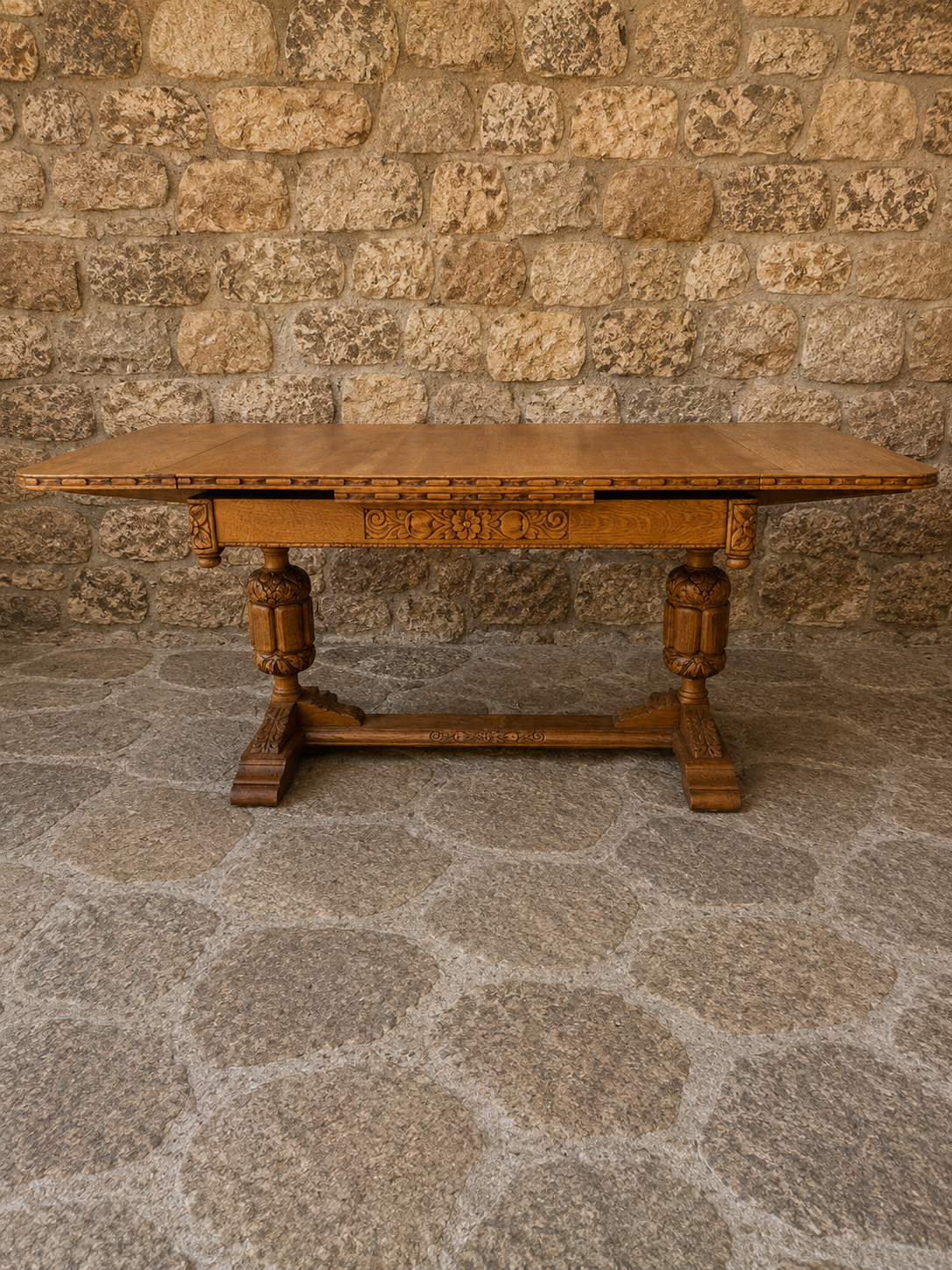 Large Antique Oak Draw Leaf Dining Table
