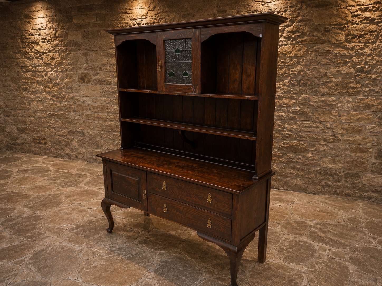Antique Arts & Crafts Oak Dresser with Stained Glass Display Cabinet