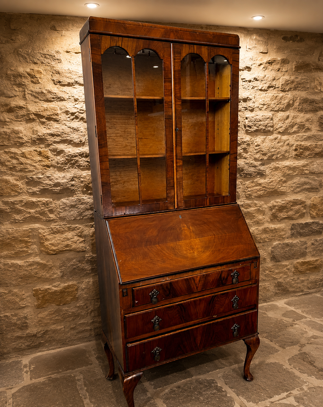 Antique Figured Walnut Bureau Bookcase | George III Style Secretary Cabinet | Glazed Display Bureau | English c.1920–1940