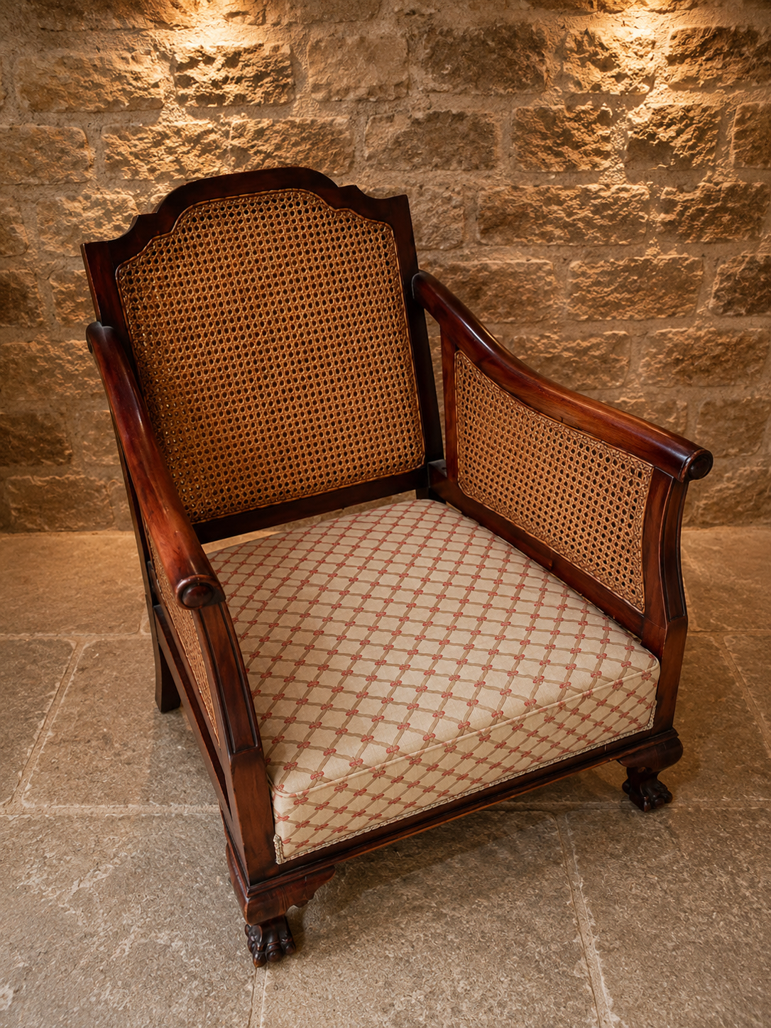 Pair of Edwardian Mahogany Bergère Armchairs | Antique Cane Lounge Chairs | English Upholstered Library Chairs | c.1905–1915