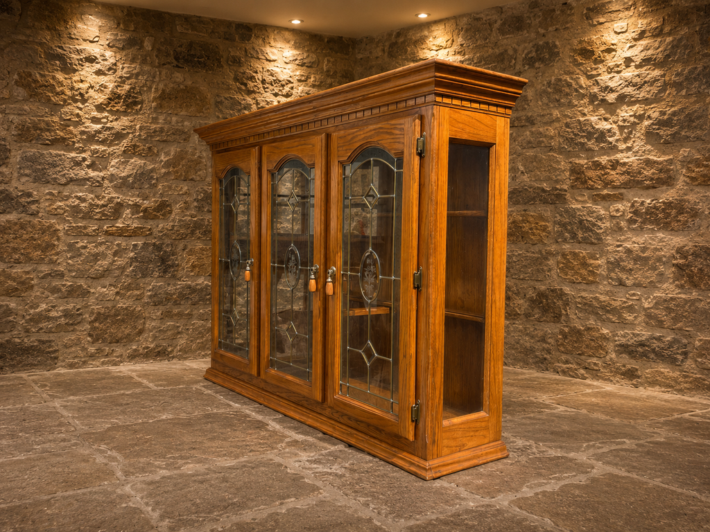 Large Vintage Oak Leaded Glass Display Cabinet – Country House Glazed Bookcase