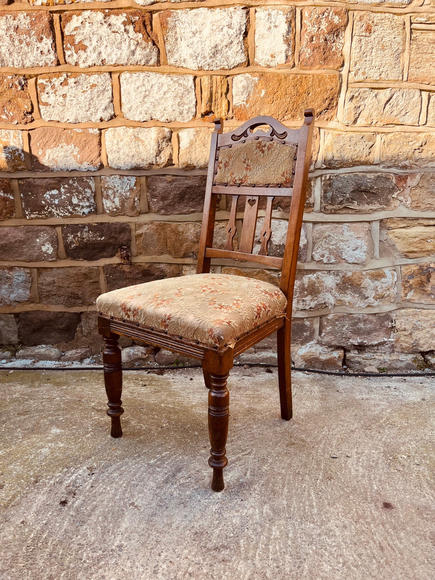 Antique Edwardian Oak Dining Chair – Upholstered Seat & Back, Carved Detail Hall Chair, Victorian Style Side Chair