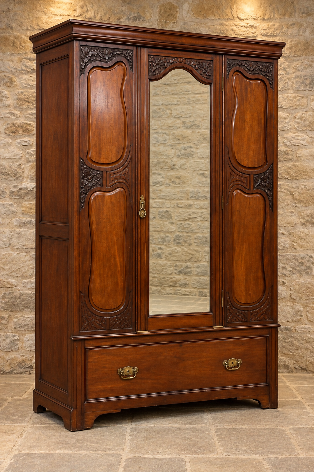 Edwardian carved mahogany mirrored wardrobe