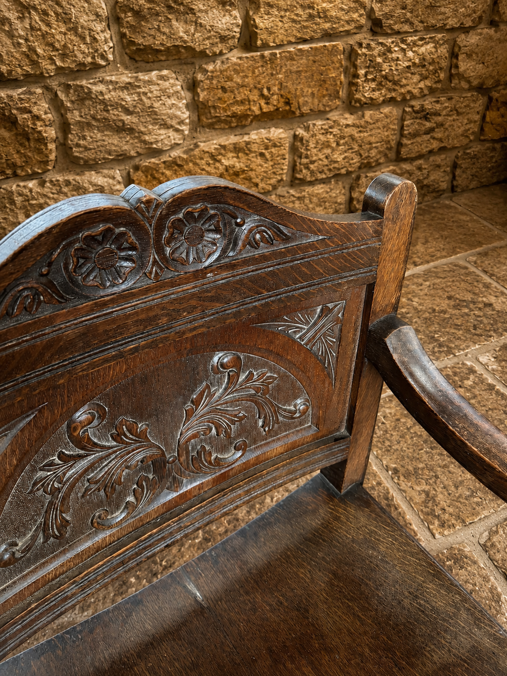 Antique Carved Oak Savonarola Style Gothic Revival Armchair