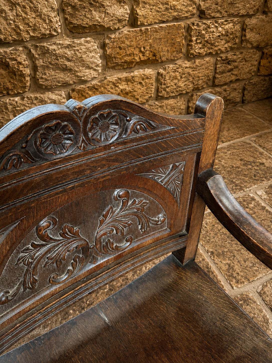 Antique Carved Oak Savonarola Style Gothic Revival Armchair