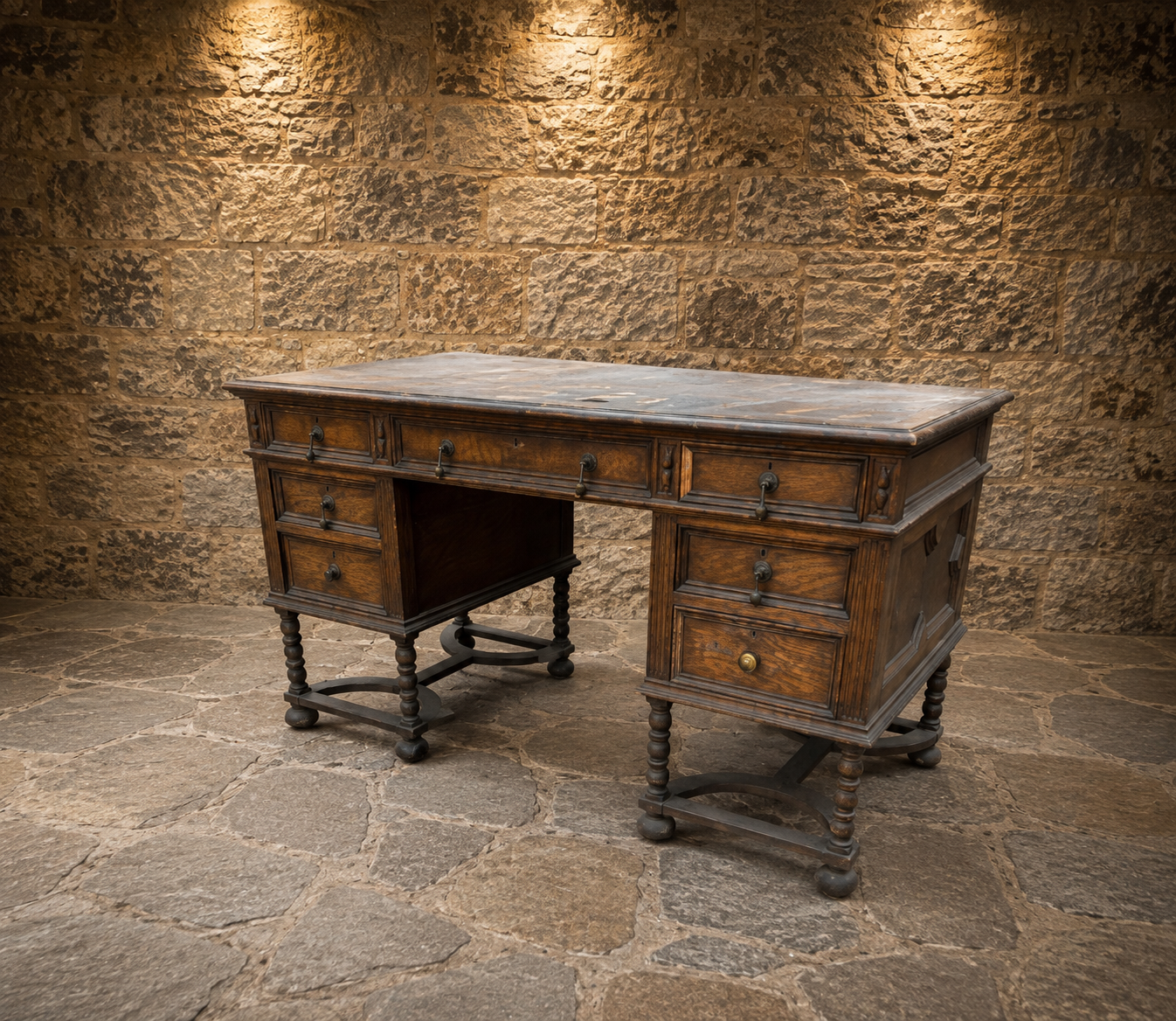 Antique Oak Pedestal Writing Desk – Circa 1900 – Victorian Edwardian Jacobean Revival Desk