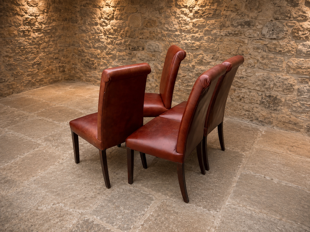 Set of 4 Vintage Oxblood Leather Dining Chairs – High Back Country House Chairs
