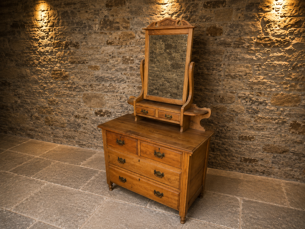 Antique Pine Dressing Chest with Mirror – Late Victorian / Edwardian, Circa 1900