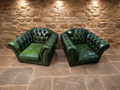 Vintage Pair of Green Leather Chesterfield Club Armchairs