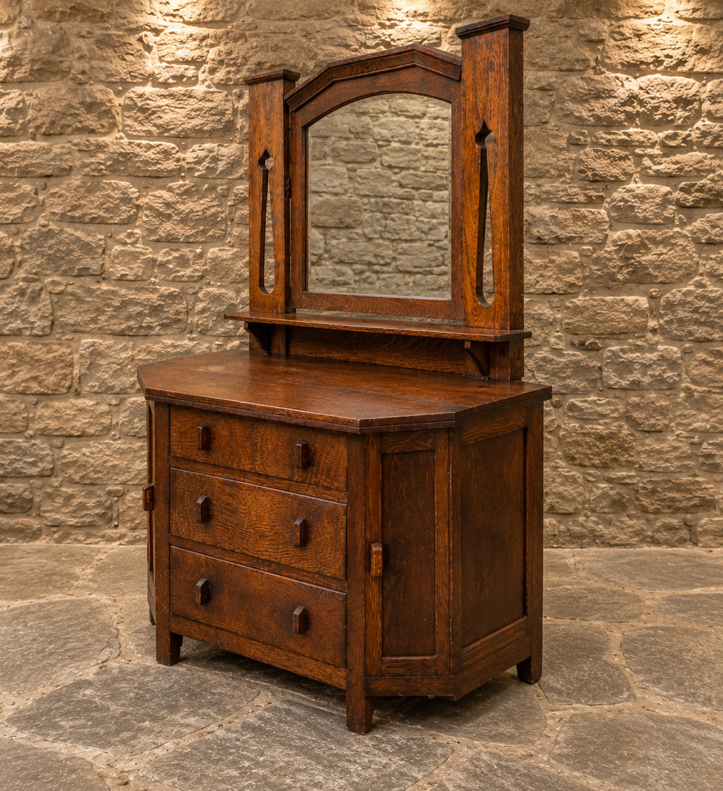 Antique Arts & Crafts Oak Dressing Chest with Mirror – Circa 1900
