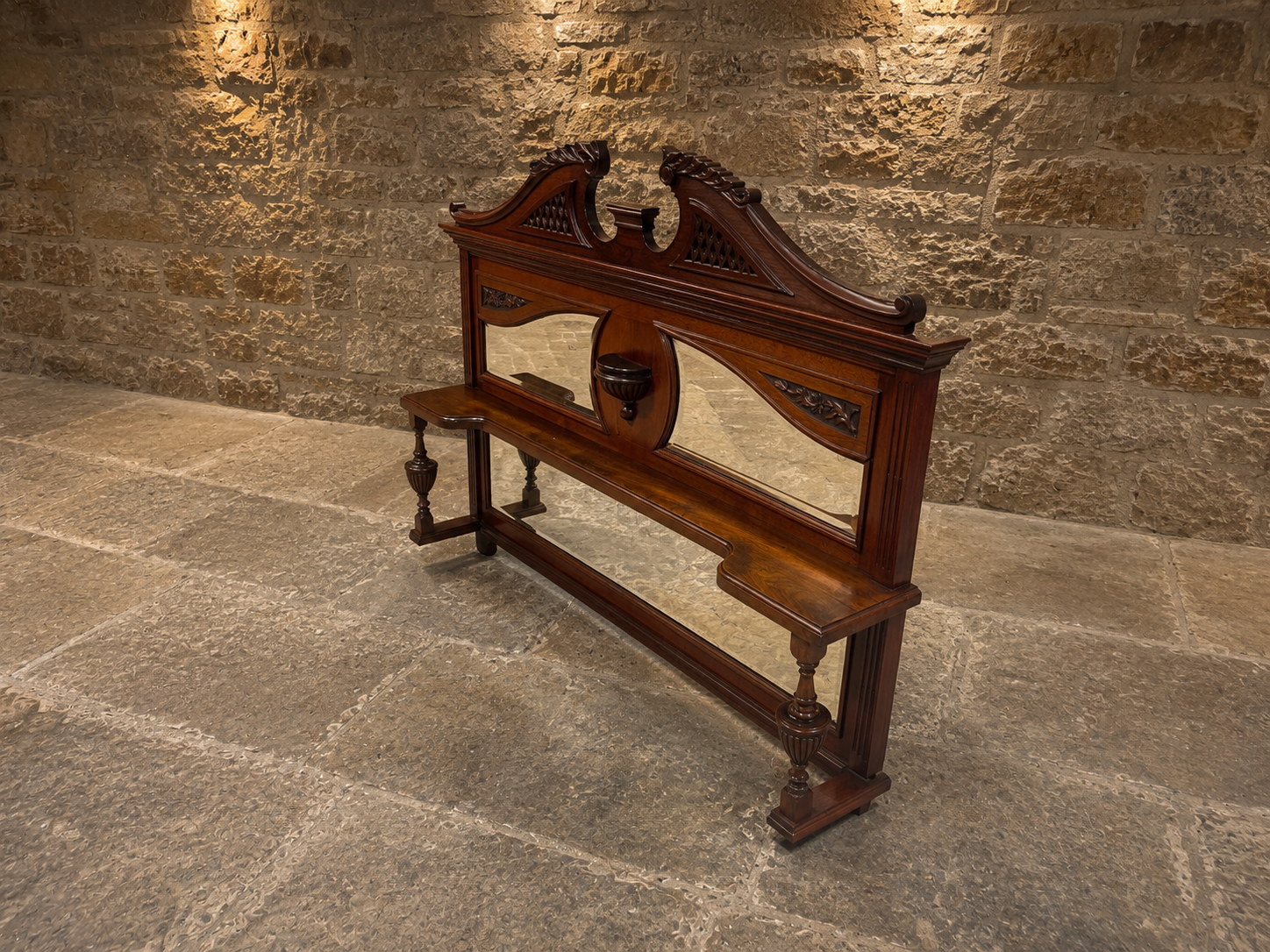 Antique Late Victorian Mahogany Overmantel Mirror – Arts & Crafts Fireplace Mirror with Bevelled Glass & Display Shelf