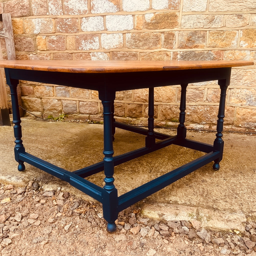 Restored Round Wooden Dining Table with Navy Base