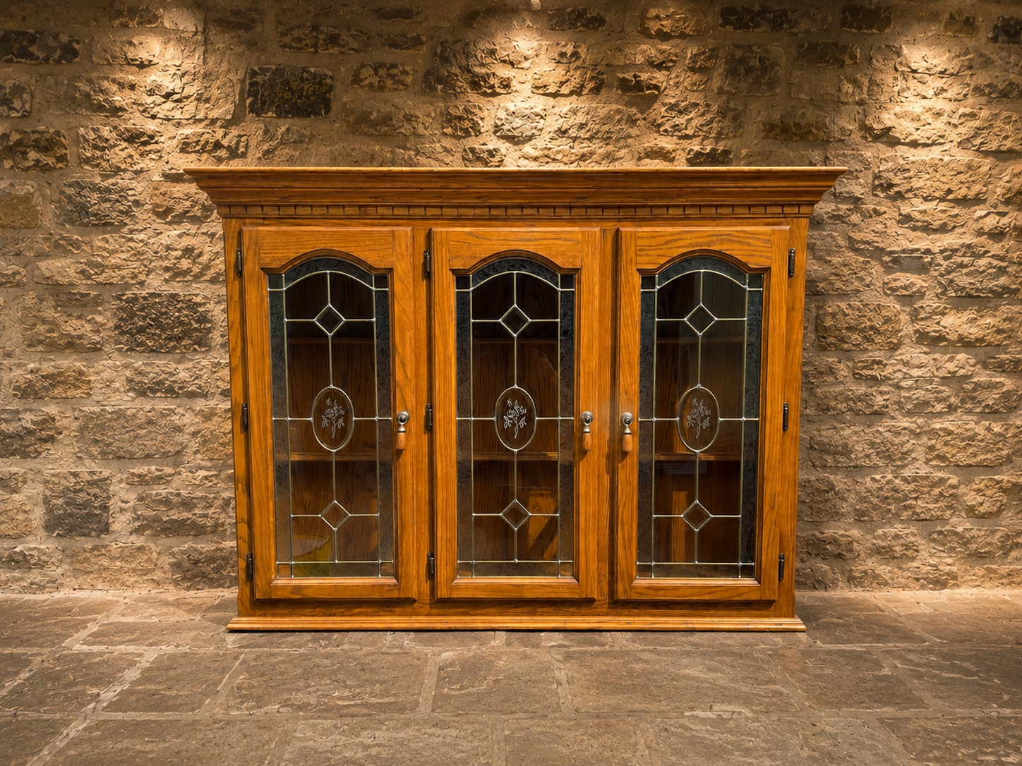 Large Vintage Oak Leaded Glass Display Cabinet – Country House Glazed Bookcase