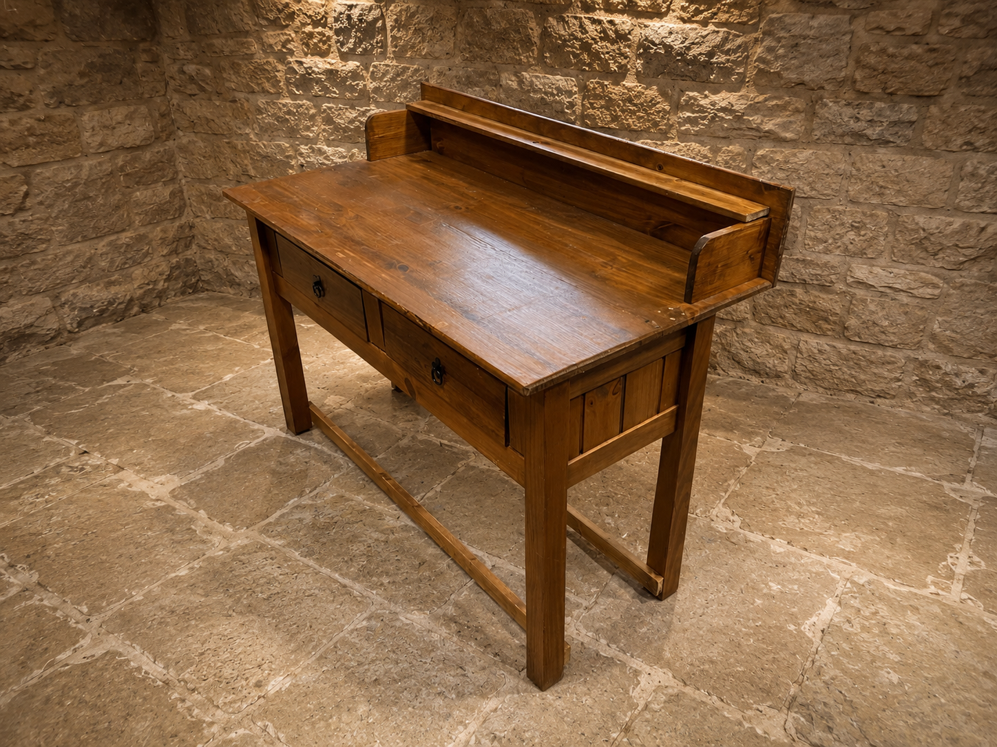Large Solid Pine Farmhouse Console Table with Two Drawers | Rustic Kitchen Prep Table
