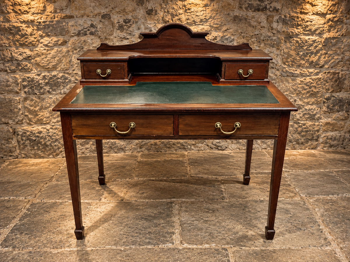 Antique Edwardian Mahogany Writing Desk c.1900 – Green Leather Top & Raised Gallery