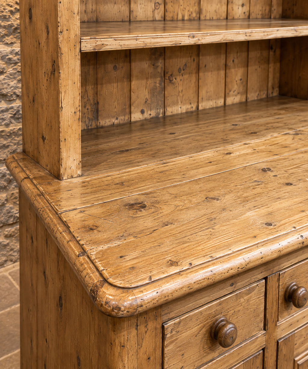 Vintage pine farmhouse dresser with scalloped canopy