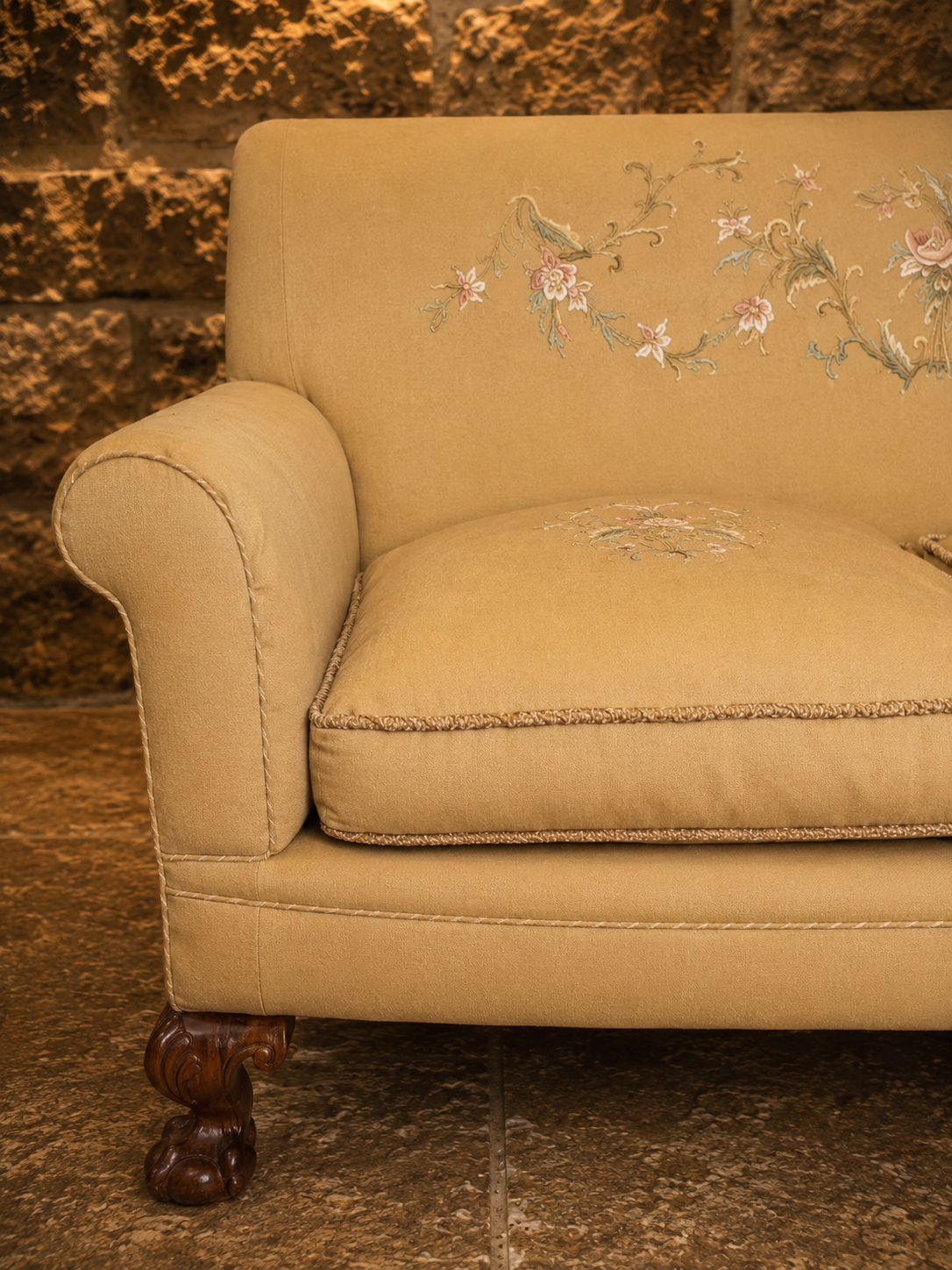 Vintage English Country House Two Seater Sofa | Hand Embroidered Sofa | Traditional Rolled Arm Country Furniture