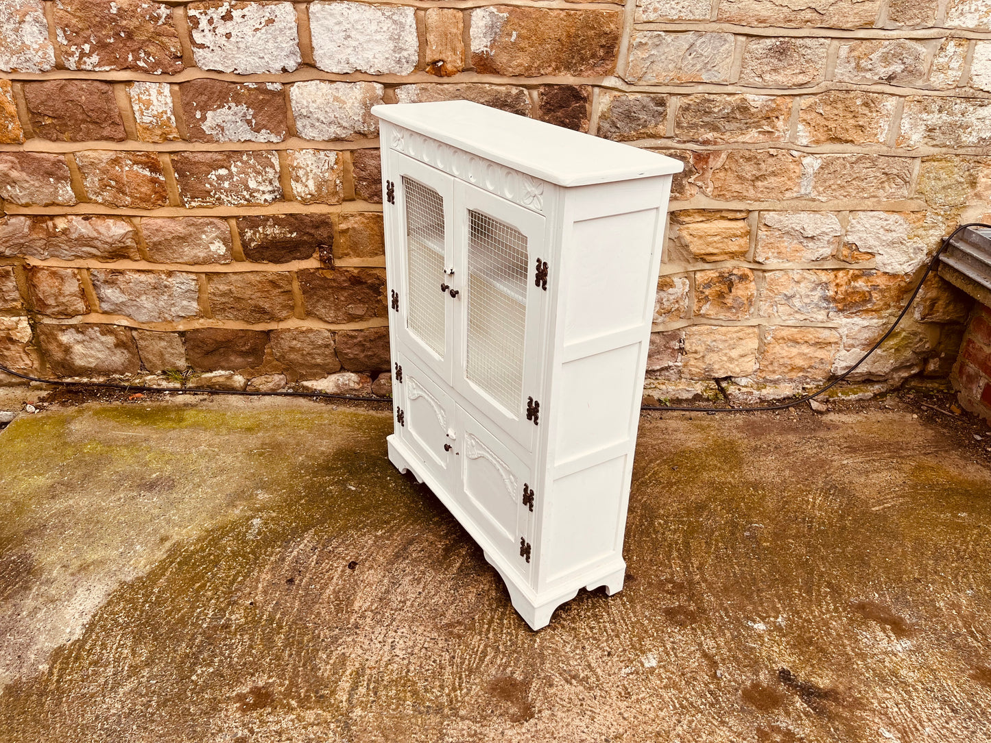 Vintage Farmhouse Kitchen Cupboard with Wire Mesh Doors