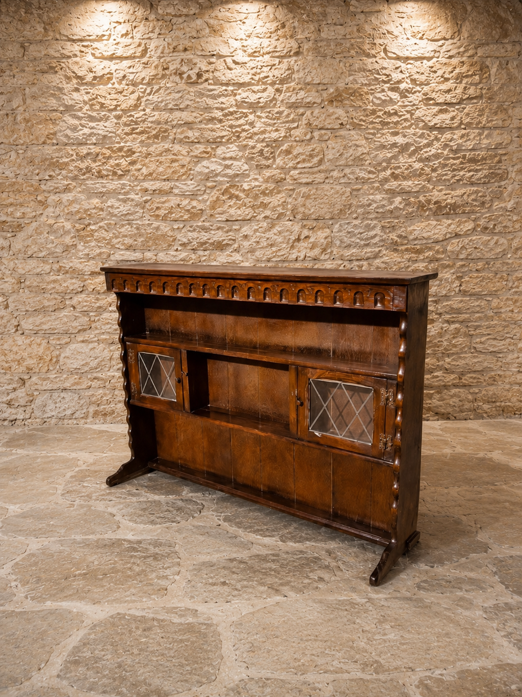 Antique Arts & Crafts Oak Dresser Top Bookcase with Leaded Glass Cupboards | Jacobean Revival Display Cabinet | Circa 1910