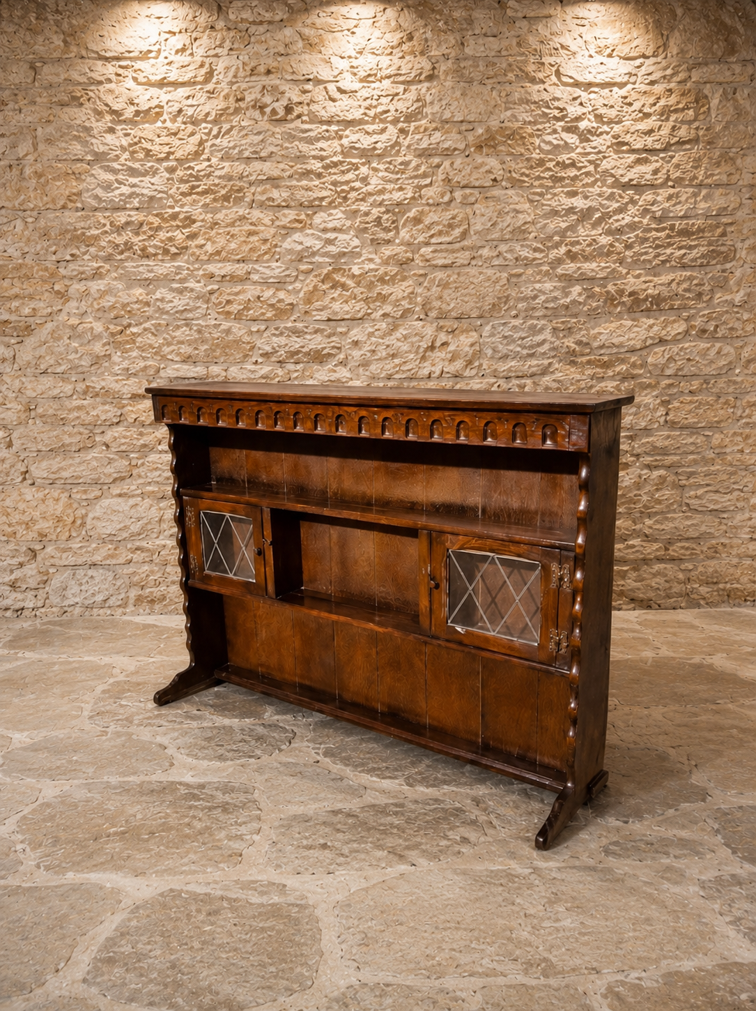Antique Arts & Crafts Oak Dresser Top Bookcase with Leaded Glass Cupboards | Jacobean Revival Display Cabinet | Circa 1910