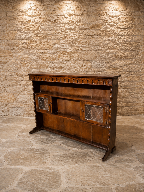 Antique Arts & Crafts Oak Dresser Top Bookcase with Leaded Glass Cupboards | Jacobean Revival Display Cabinet | Circa 1910