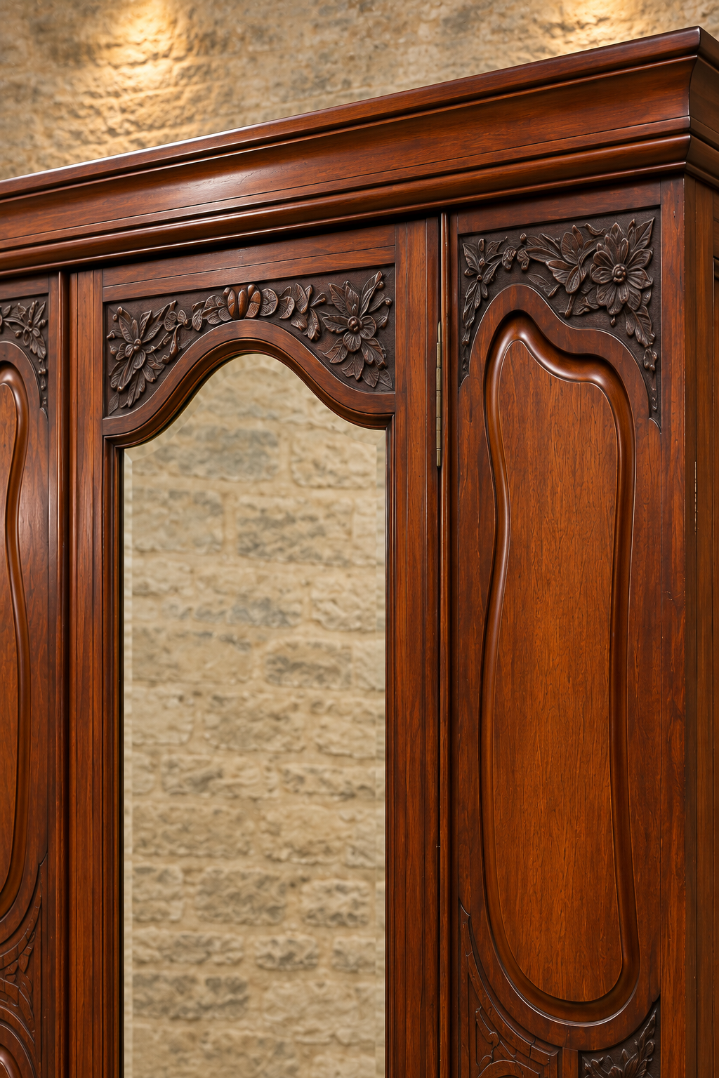 Edwardian carved mahogany mirrored wardrobe