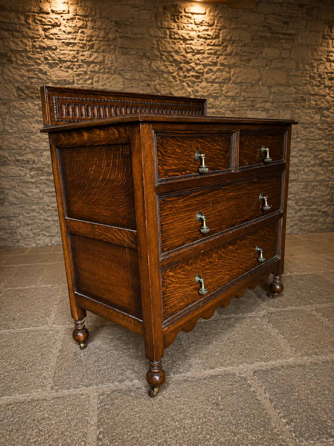 Antique Edwardian Quarter Sawn Oak Washstand Chest of Drawers on Original Castors | c.1900